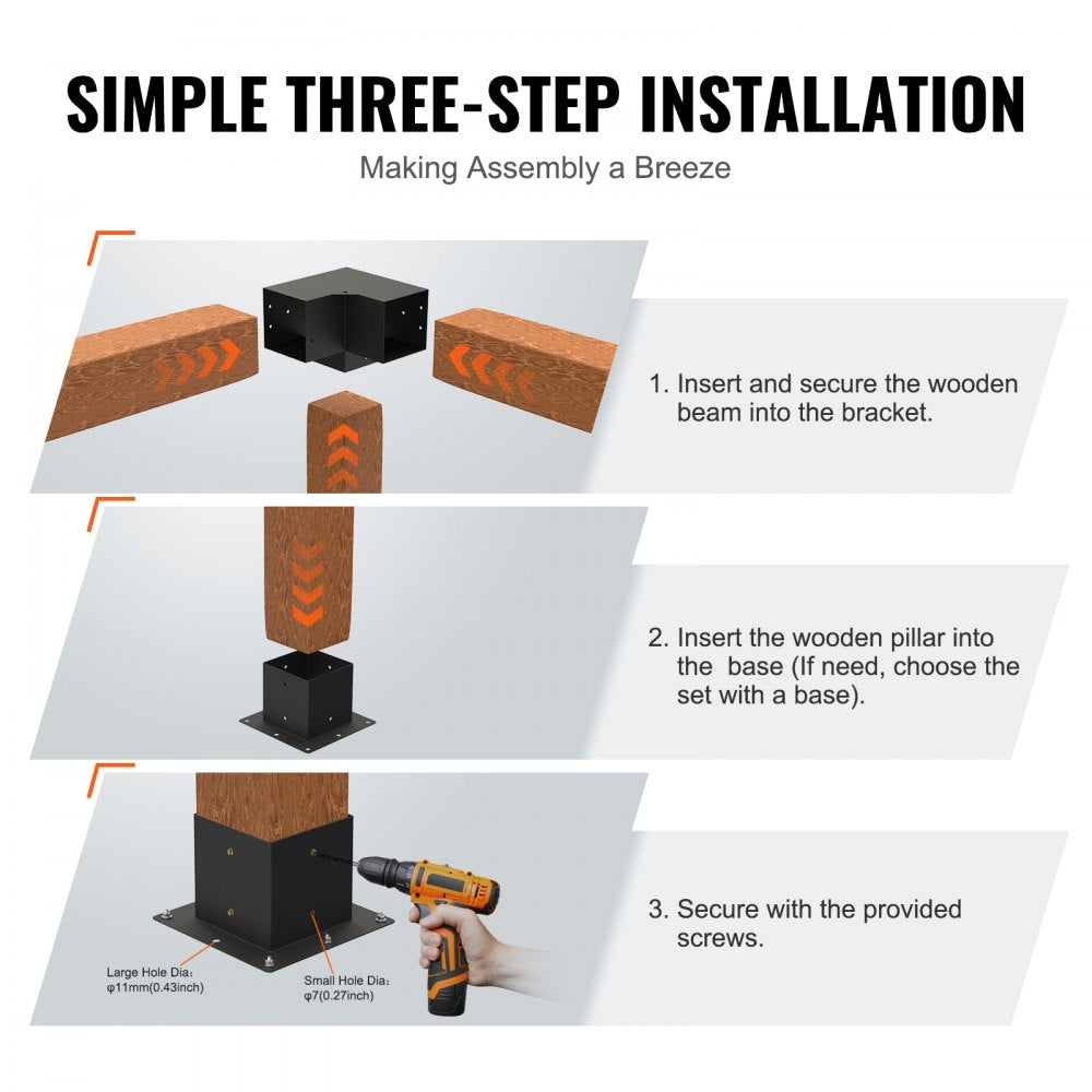 Pergola Bracket Kit 6``x6``, 4pcs 3-Way Heavy Duty Corner Bracket Woodworks DIY Post Base Kit, Easy Installation Wooden Beams for Gazebos, Patio Pergolas, Log Cabin Outdoor Pergola Hardware