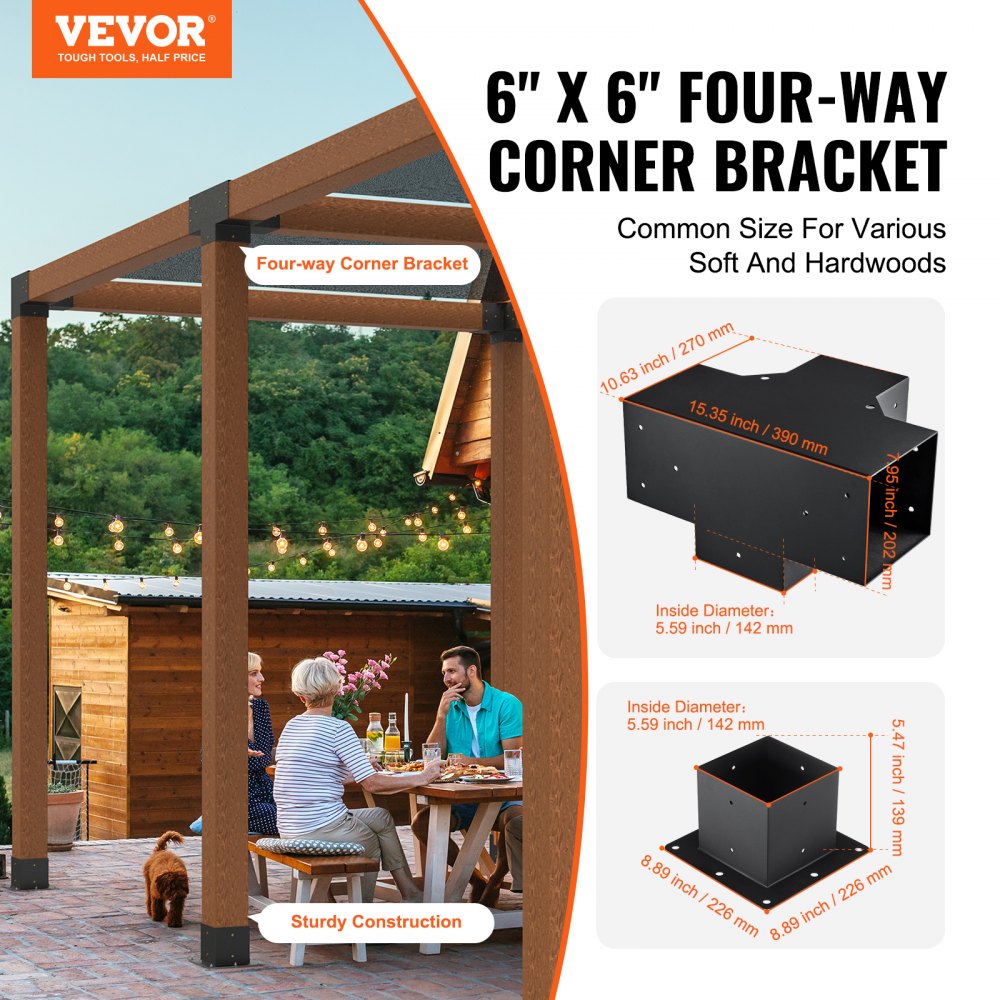 Pergola Bracket Kit 6``x6``, 4pcs 4-Way Heavy Duty Corner Bracket Woodworks DIY Post Base Kit, Easy Installation Wooden Beams for Gazebos, Patio Pergolas, Log Cabin Outdoor Pergola Hardware