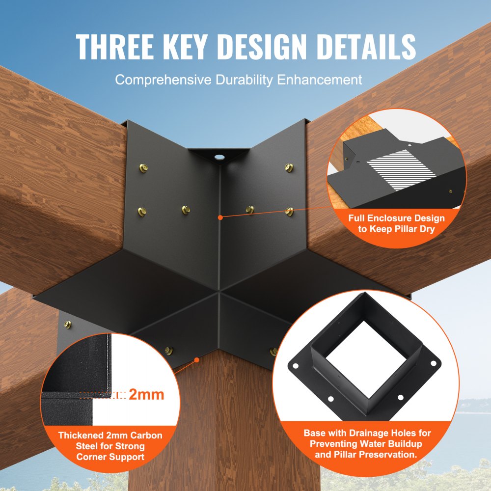 Pergola Bracket Kit 6``x6``, 4pcs 4-Way Heavy Duty Corner Bracket Woodworks DIY Post Base Kit, Easy Installation Wooden Beams for Gazebos, Patio Pergolas, Log Cabin Outdoor Pergola Hardware