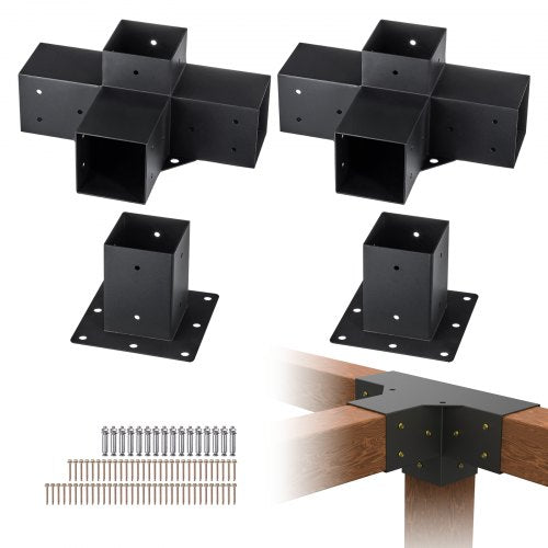 Pergola Bracket Kit 4``x4``, 4pcs 4-Way Heavy Duty Corner Bracket Woodworks DIY Post Base Kit, Easy Installation Wooden Beams for Gazebos, Patio Pergolas, Log Cabin Outdoor Pergola Hardware