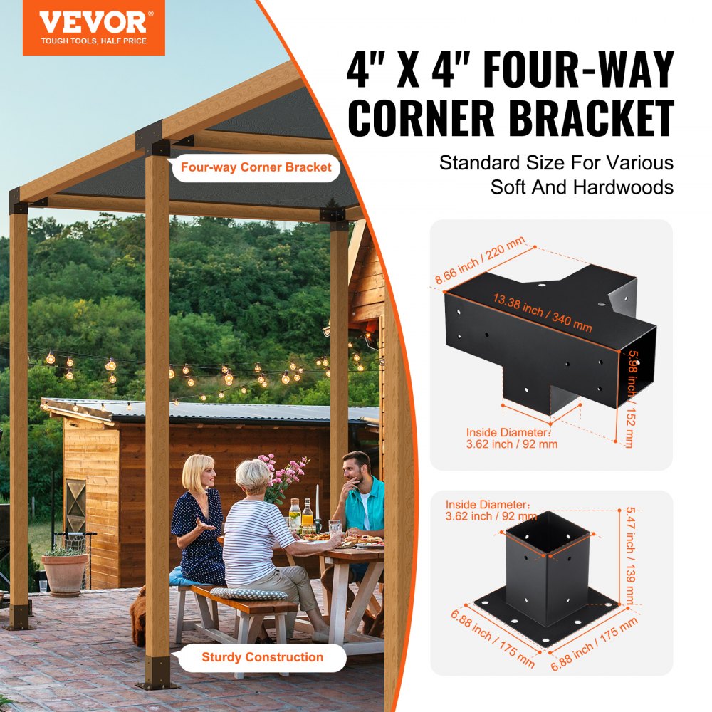Pergola Bracket Kit 4``x4``, 4pcs 4-Way Heavy Duty Corner Bracket Woodworks DIY Post Base Kit, Easy Installation Wooden Beams for Gazebos, Patio Pergolas, Log Cabin Outdoor Pergola Hardware