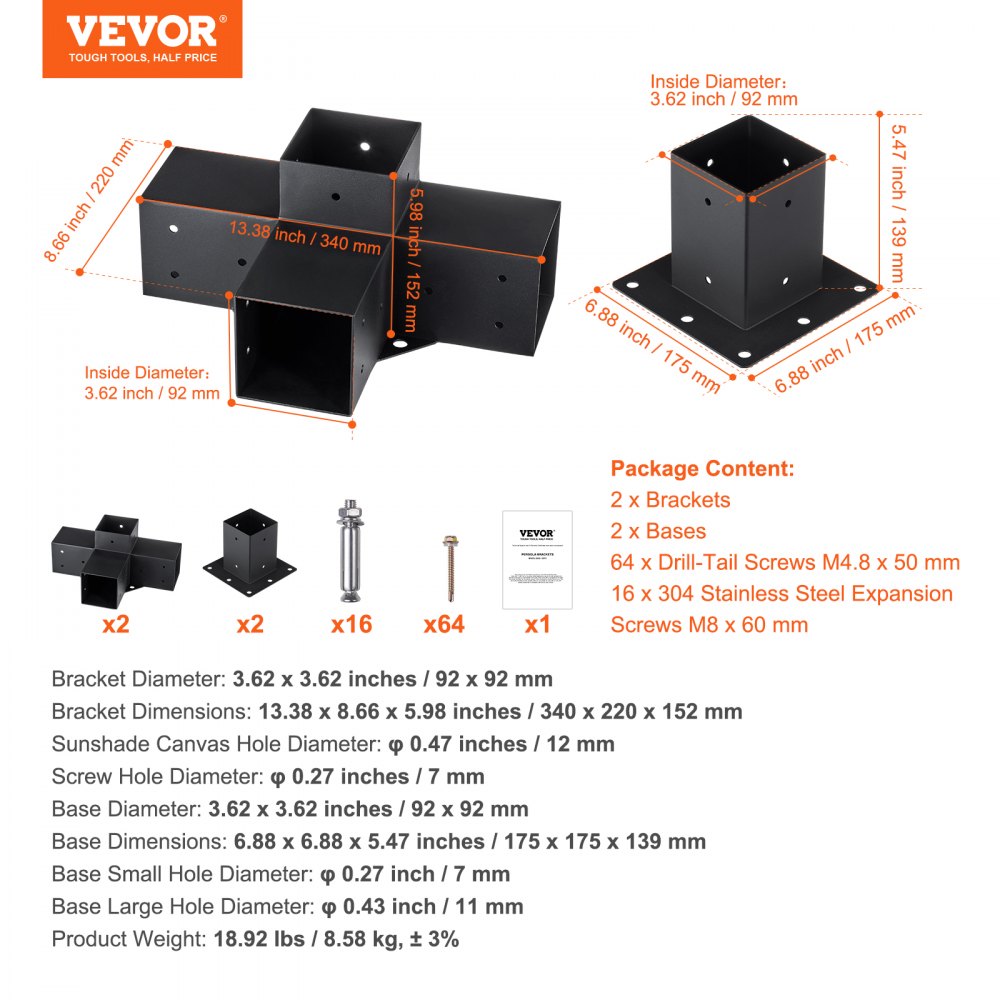 Pergola Bracket Kit 4``x4``, 4pcs 4-Way Heavy Duty Corner Bracket Woodworks DIY Post Base Kit, Easy Installation Wooden Beams for Gazebos, Patio Pergolas, Log Cabin Outdoor Pergola Hardware