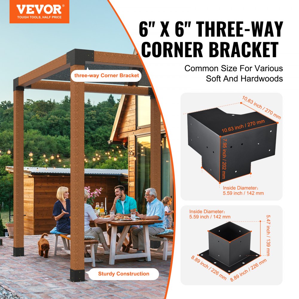 Pergola Bracket Kit 6``x6``, 8pcs 3-Way Heavy Duty Corner Bracket Woodworks DIY Post Base Kit, Easy Installation Wooden Beams for Gazebos, Patio Pergolas, Log Cabin Outdoor Pergola Hardware