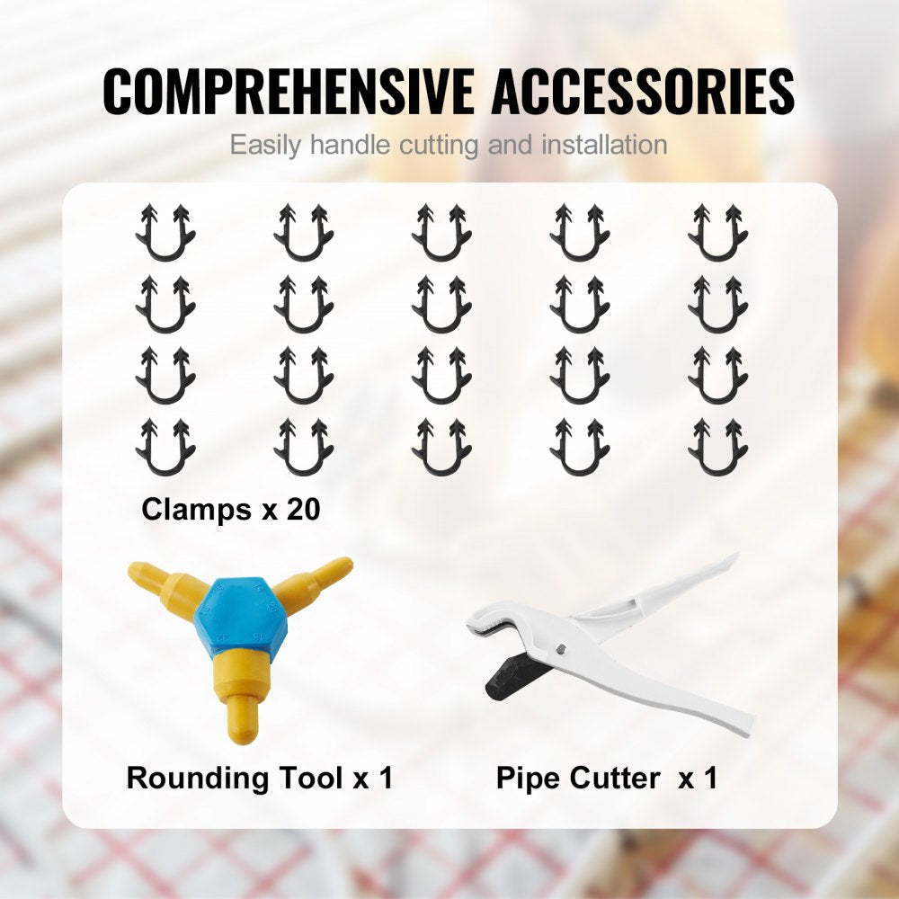 Set of 20 U-shaped clamps, one yellow rounding tool, and one white pipe cutter for PEX tube installation.