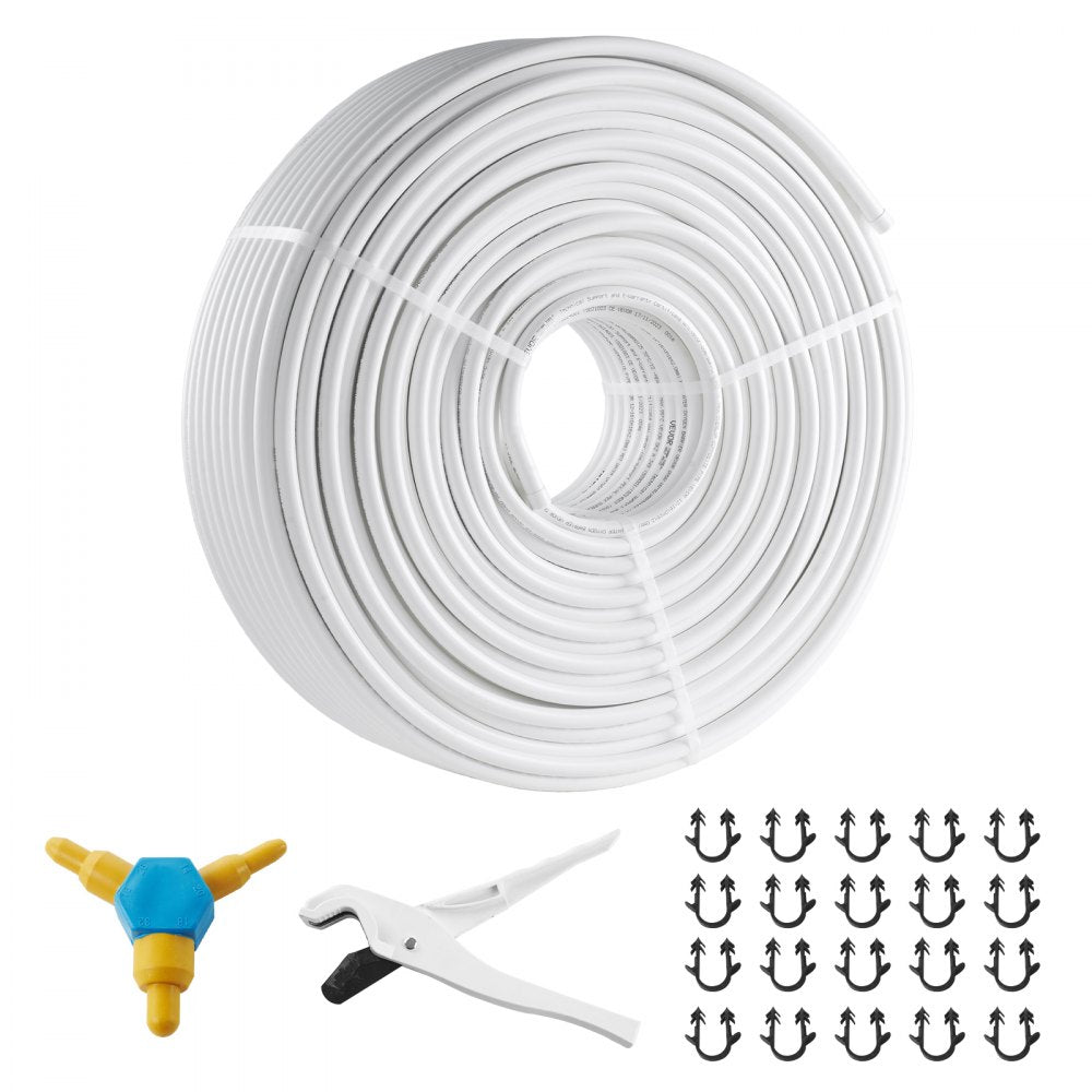 656ft coil of 5/8" white PEX-AL-PEX tube with oxygen barrier, plus fittings and clips.