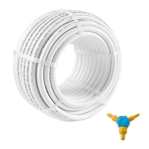 82ft coil of 5/8" white PEX-AL-PEX tube with oxygen barrier and blue tee fitting.