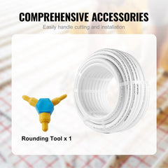 Blue Y-shaped rounding tool and coiled white 5/8" PEX-AL-PEX tube for radiant heating.