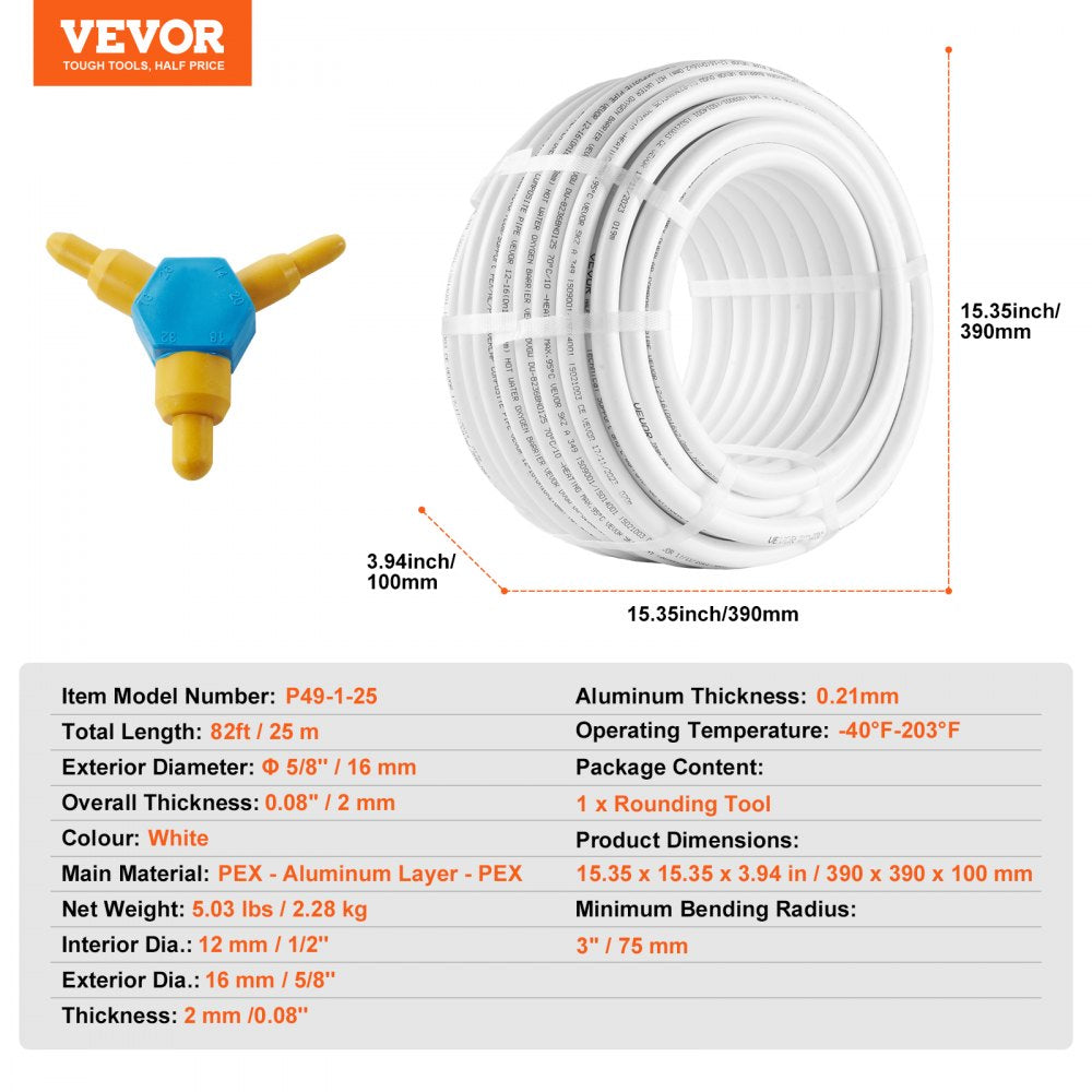 82ft 5/8-inch PEX-AL-PEX tube with oxygen barrier for radiant heating, showing dimensions and aluminum layer.