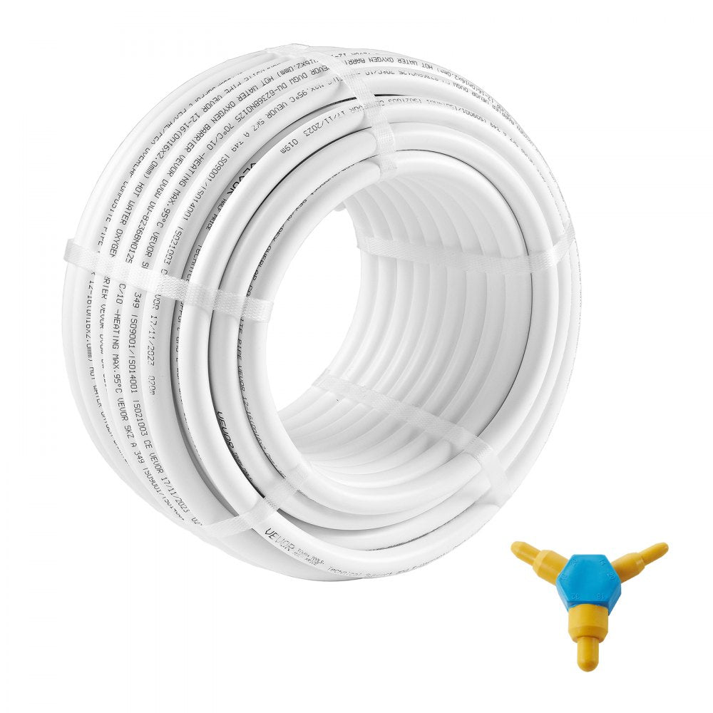 Coil of 82ft 5/8" white PEX-AL-PEX tube with oxygen barrier and blue tee fitting.