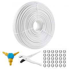984ft coil of 5/8-inch white PEX-AL-PEX tube with oxygen barrier, plus blue fittings and clips.