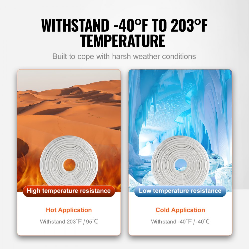 A white coiled tube is shown in two scenarios: one with flames in a desert and one with ice in a cave.