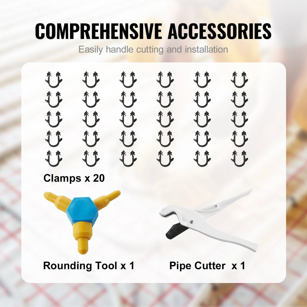 Image of comprehensive PEX tube installation accessories: 20 clamps, 1 rounding tool, and 1 pipe cutter.