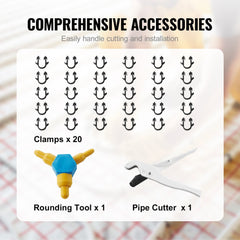 Image of comprehensive PEX tube installation accessories: 20 clamps, 1 rounding tool, and 1 pipe cutter.