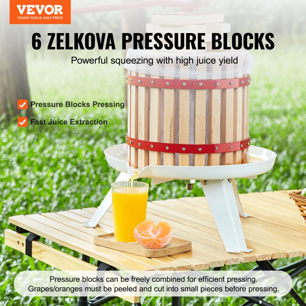 Fruit Wine Press, 1.6 Gallon/6L, Solid Wood Basket with 6 Blocks, Manual Juice Maker, Cider Apple Grape Tincture Vegetables Honey Olive Oil Making Press with Pole Handle Bar for Kitchen and Home