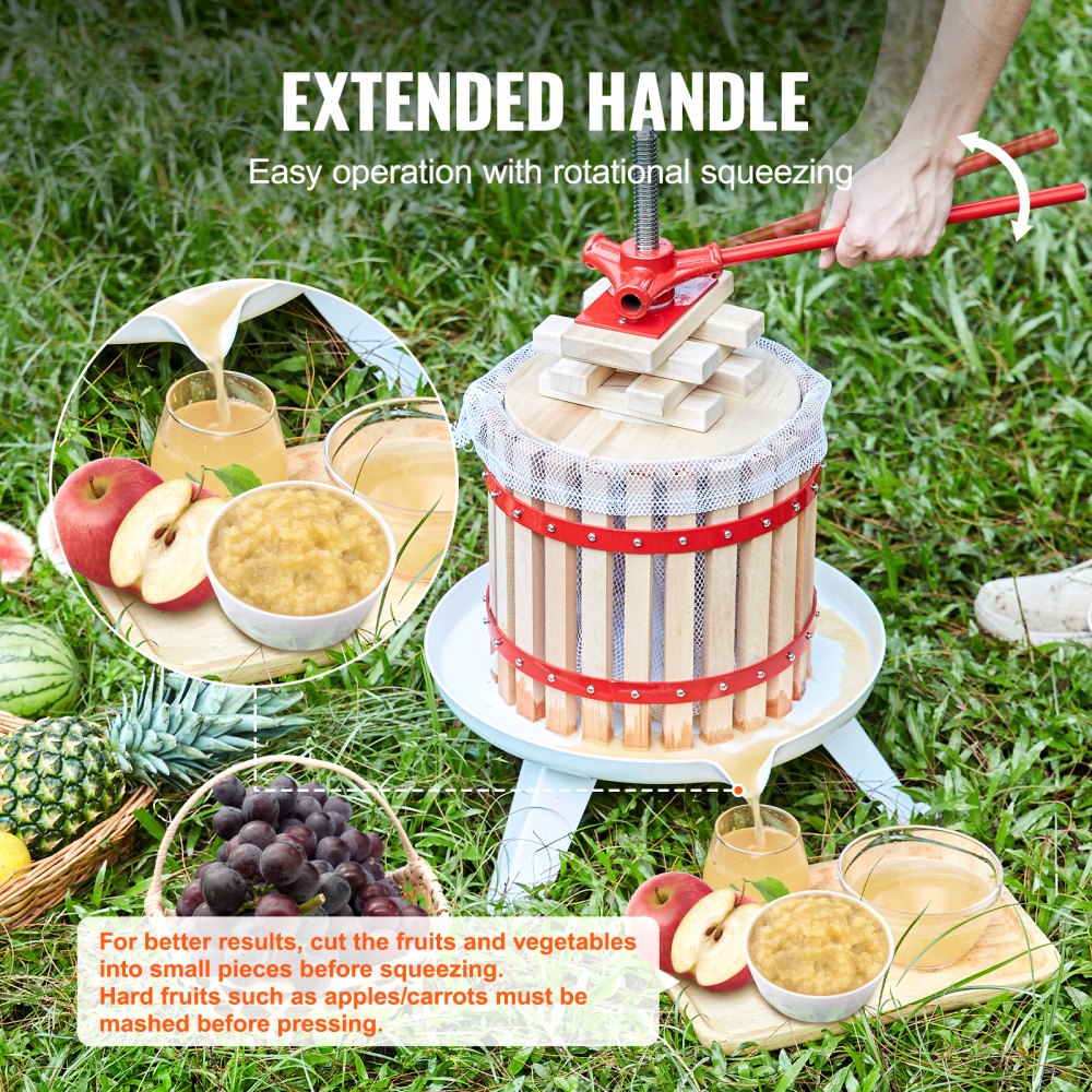 Fruit Wine Press, 1.6 Gallon/6L, Solid Wood Basket with 6 Blocks, Manual Juice Maker, Cider Apple Grape Tincture Vegetables Honey Olive Oil Making Press with Pole Handle Bar for Kitchen and Home