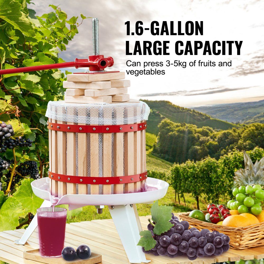 Fruit Wine Press, 1.6 Gallon/6L, Solid Wood Basket with 6 Blocks, Manual Juice Maker, Cider Apple Grape Tincture Vegetables Honey Olive Oil Making Press with Pole Handle Bar for Kitchen and Home