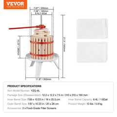 Fruit Wine Press, 1.6 Gallon/6L, Solid Wood Basket with 6 Blocks, Manual Juice Maker, Cider Apple Grape Tincture Vegetables Honey Olive Oil Making Press with Pole Handle Bar for Kitchen and Home