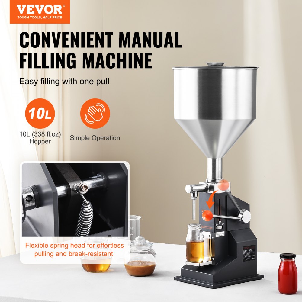 Manual Paste Liquid Filling Machine, 5-50ml Bottle Filler, Adjustable Bottle Filling Machine, Stainless Steel Liquid Filler with Hopper for Milk Water Juice Essential Oil Shampoo Cosmetic Honey