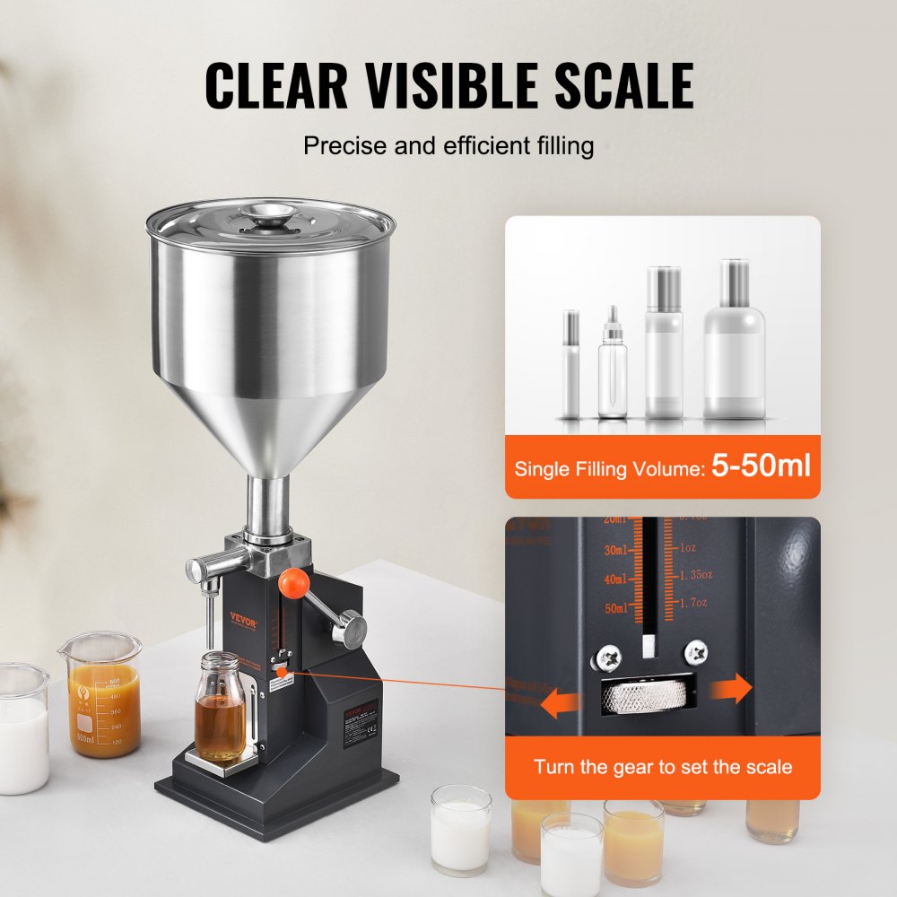 Manual Paste Liquid Filling Machine, 5-50ml Bottle Filler, Adjustable Bottle Filling Machine, Stainless Steel Liquid Filler with Hopper for Milk Water Juice Essential Oil Shampoo Cosmetic Honey