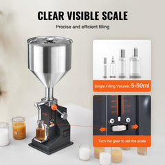 Manual Paste Liquid Filling Machine, 5-50ml Bottle Filler, Adjustable Bottle Filling Machine, Stainless Steel Liquid Filler with Hopper for Milk Water Juice Essential Oil Shampoo Cosmetic Honey