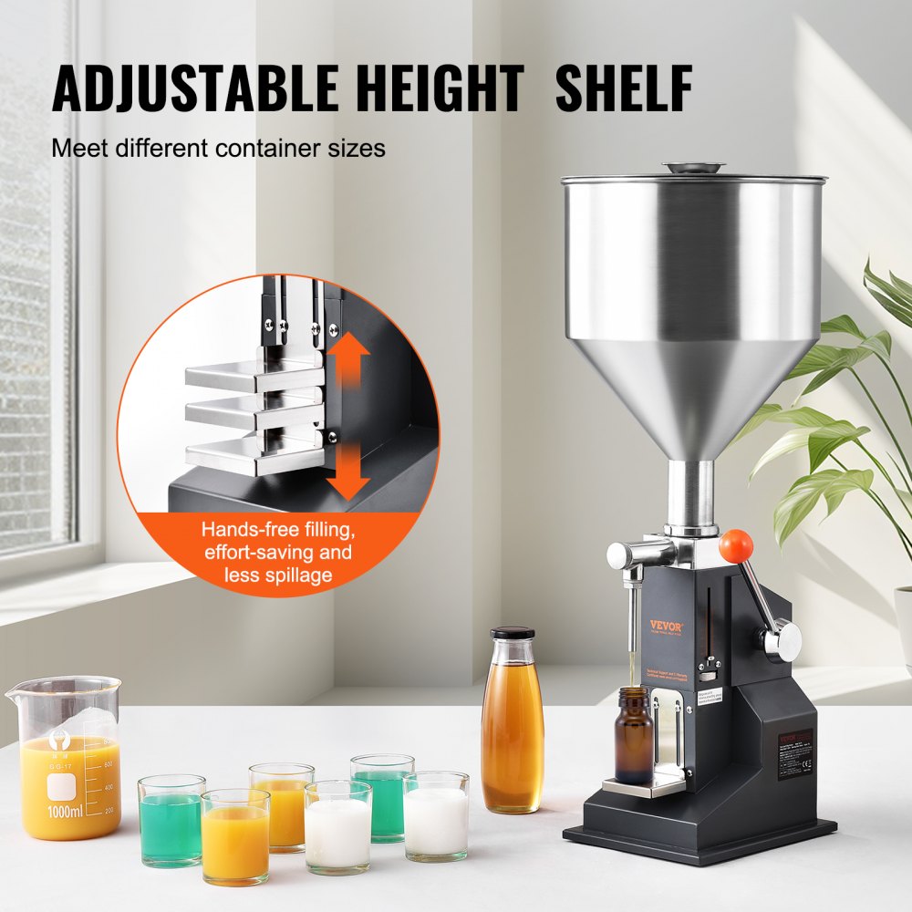 Manual Paste Liquid Filling Machine, 5-50ml Bottle Filler, Adjustable Bottle Filling Machine, Stainless Steel Liquid Filler with Hopper for Milk Water Juice Essential Oil Shampoo Cosmetic Honey