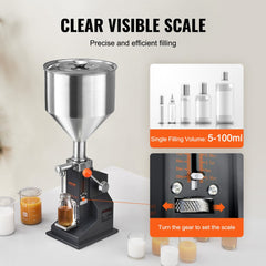 Manual Paste Liquid Filling Machine, 5-100ml Bottle Filler, Adjustable Bottle Filling Machine, Stainless Steel Liquid Filler with Hopper for Milk Water Juice Essential Oil Shampoo Cosmetic Honey