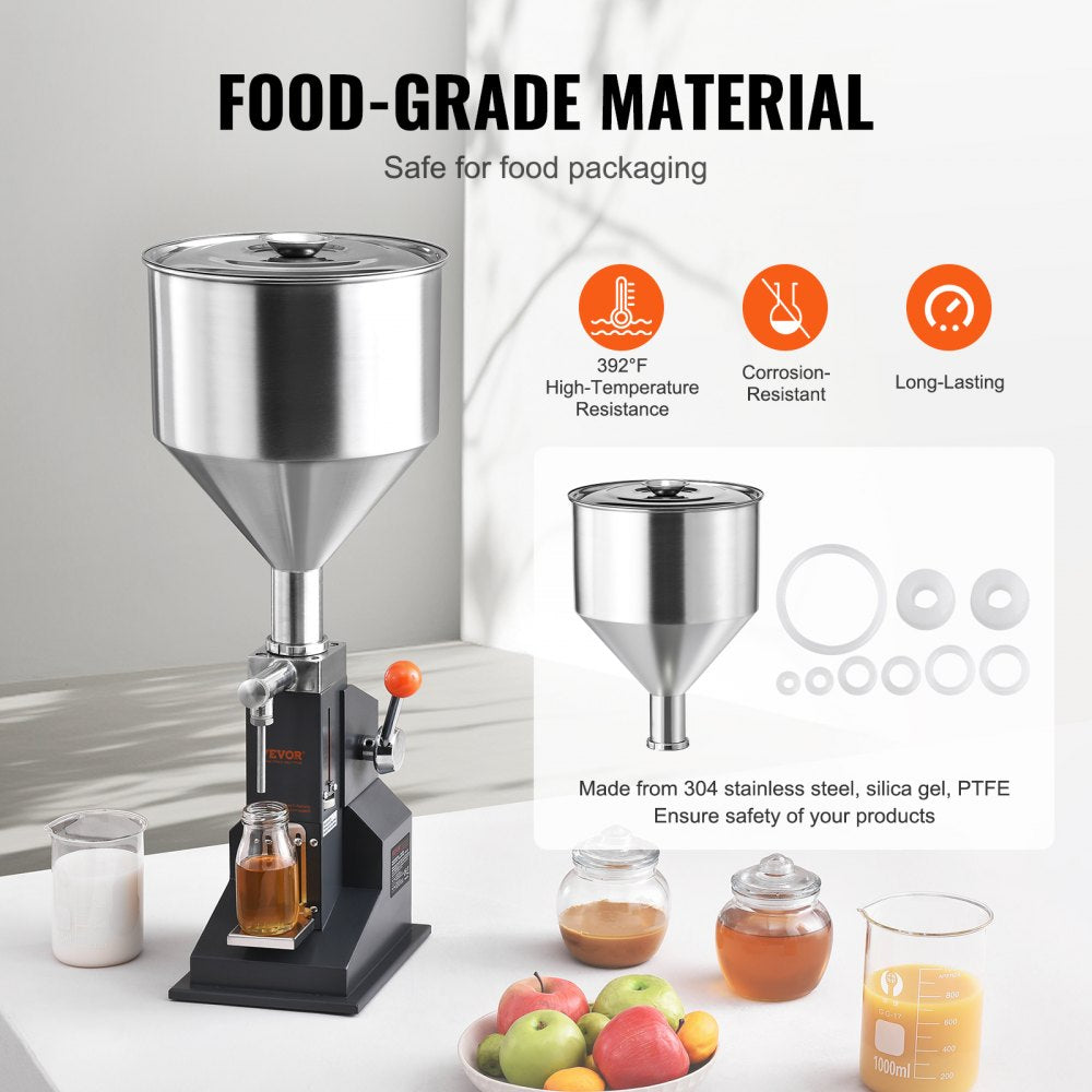 Manual Paste Liquid Filling Machine, 5-100ml Bottle Filler, Adjustable Bottle Filling Machine, Stainless Steel Liquid Filler with Hopper for Milk Water Juice Essential Oil Shampoo Cosmetic Honey