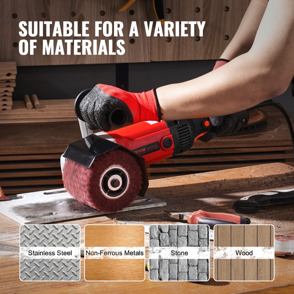Red electric polishing machine with 4 fiber wheels, held by gloved hand, suitable for stainless steel, non-ferrous metals, stone, and wood.