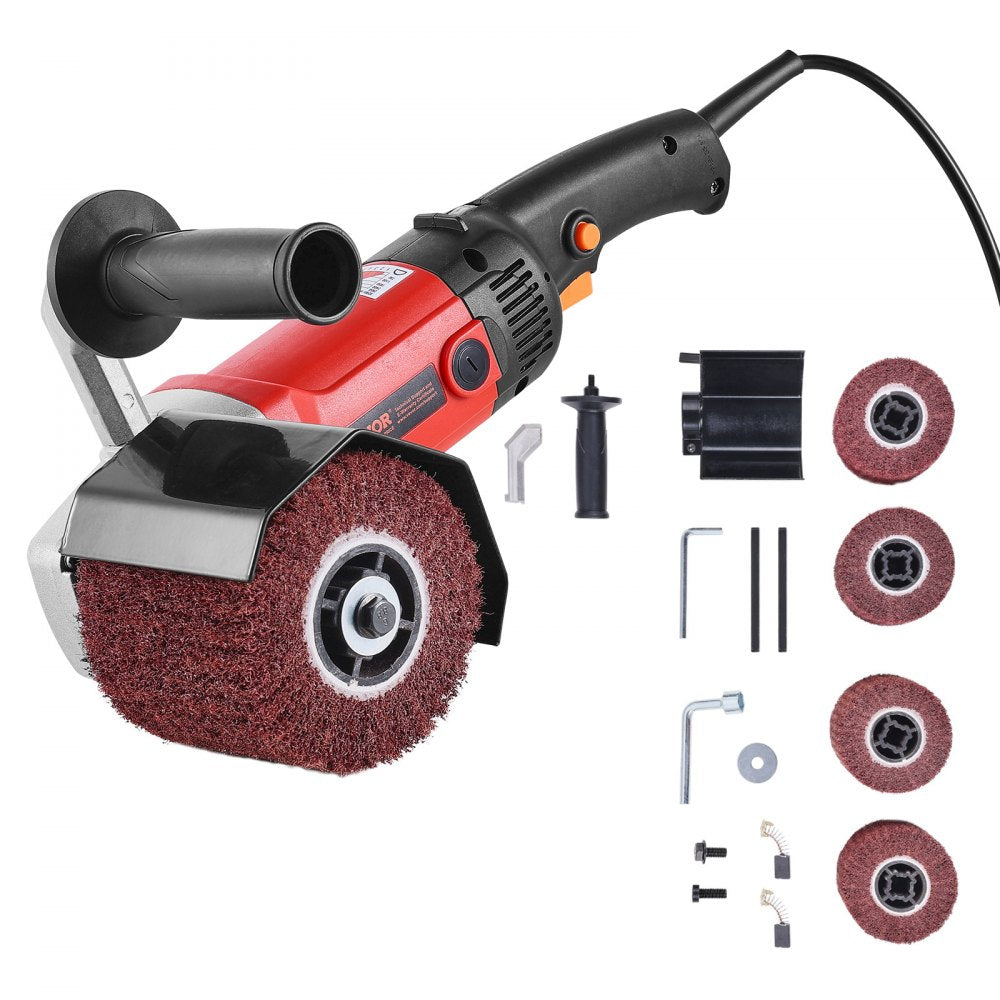 Red 1200W electric metal polishing machine with 6-speed dial, 4 fiber wheels, and accessories.