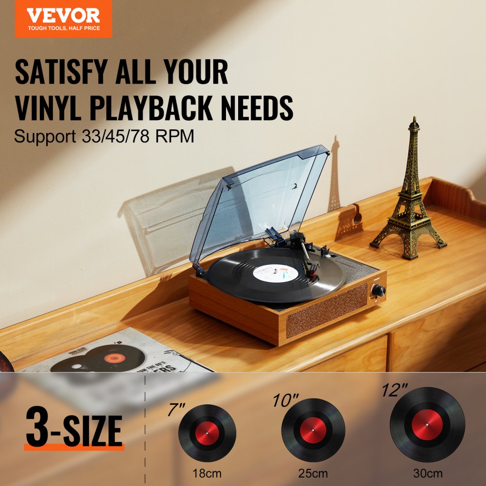 Vinyl Record Player, 3-Speed, Belt Driven Turntable Record Player with Built-in 3W Speaker Magnetic Cartridge, Support 33/45/78 RPM Bluetooth Aux in RCA Output, for 7/10 /12 in Vinyl Records