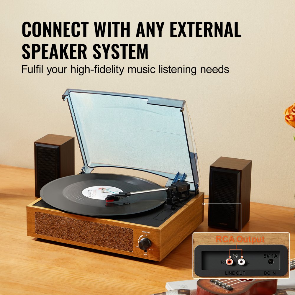 Vinyl Record Player, 3-Speed, Belt Driven Turntable Record Player with Built-in 3W Speaker Magnetic Cartridge, Support 33/45/78 RPM Bluetooth Aux in RCA Output, for 7/10 /12 in Vinyl Records