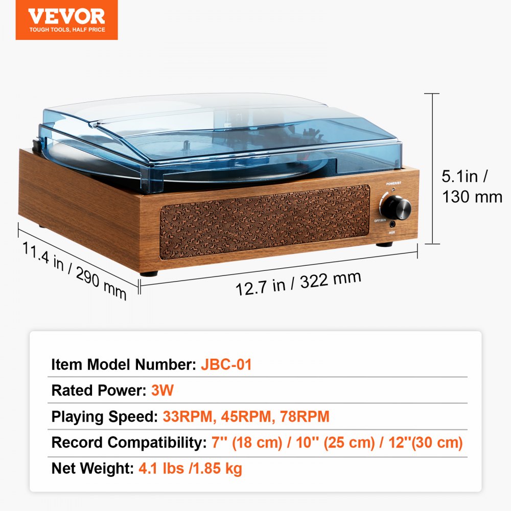Vinyl Record Player, 3-Speed, Belt Driven Turntable Record Player with Built-in 3W Speaker Magnetic Cartridge, Support 33/45/78 RPM Bluetooth Aux in RCA Output, for 7/10 /12 in Vinyl Records