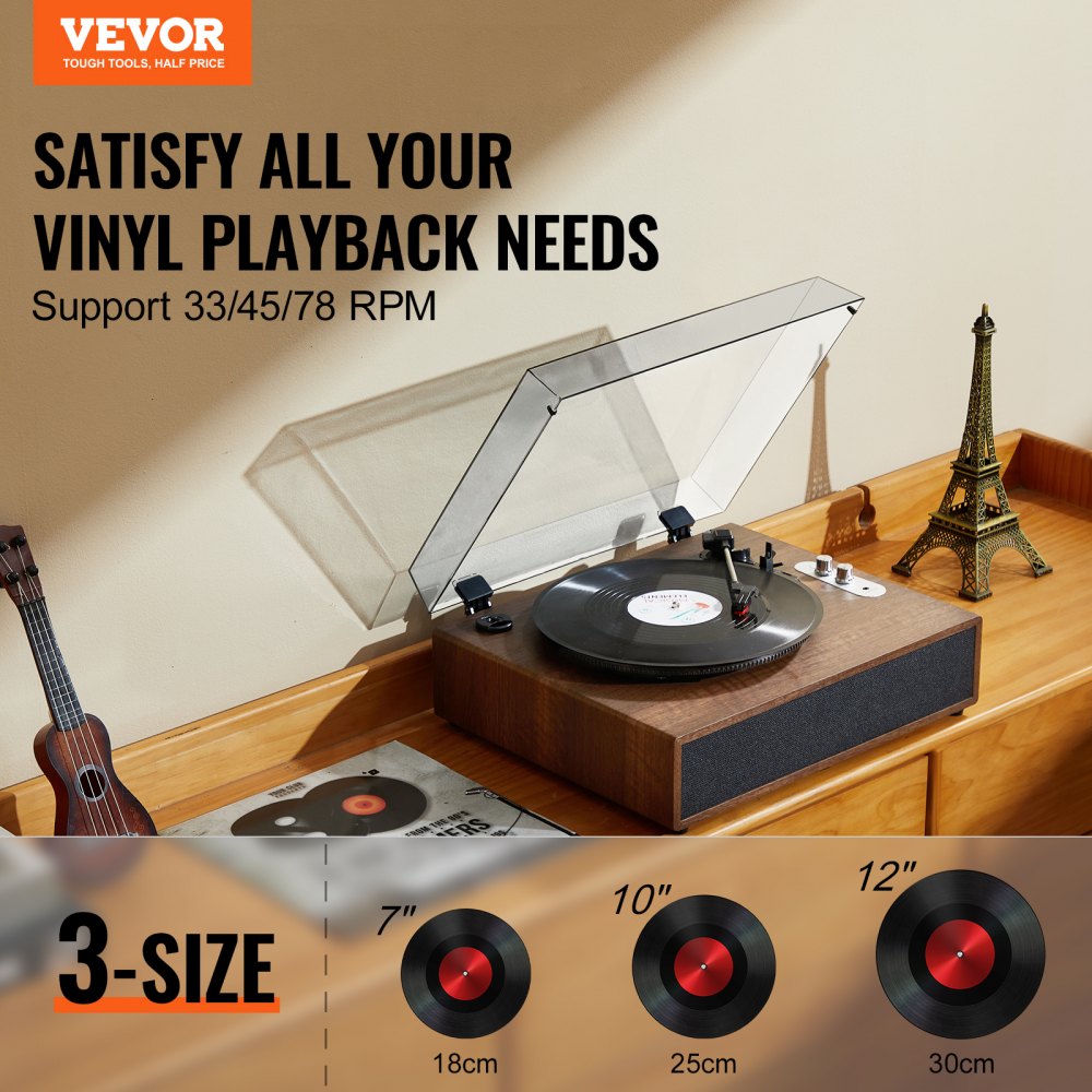 Vinyl Record Player, 3-Speed, Belt Driven Turntable Player with Built-in 10W Stereo Speakers Magnetic Cartridge, Support 33/45/78 RPM Bluetooth Aux in RCA Output, for 7/10 /12 in Vinyl Records