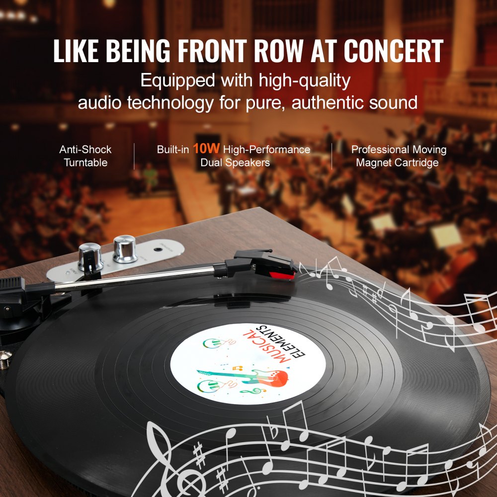 Vinyl Record Player, 3-Speed, Belt Driven Turntable Player with Built-in 10W Stereo Speakers Magnetic Cartridge, Support 33/45/78 RPM Bluetooth Aux in RCA Output, for 7/10 /12 in Vinyl Records
