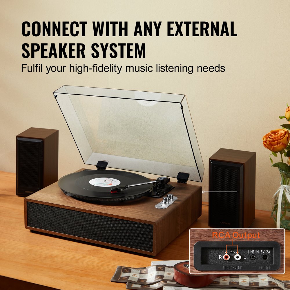 Vinyl Record Player, 3-Speed, Belt Driven Turntable Player with Built-in 10W Stereo Speakers Magnetic Cartridge, Support 33/45/78 RPM Bluetooth Aux in RCA Output, for 7/10 /12 in Vinyl Records