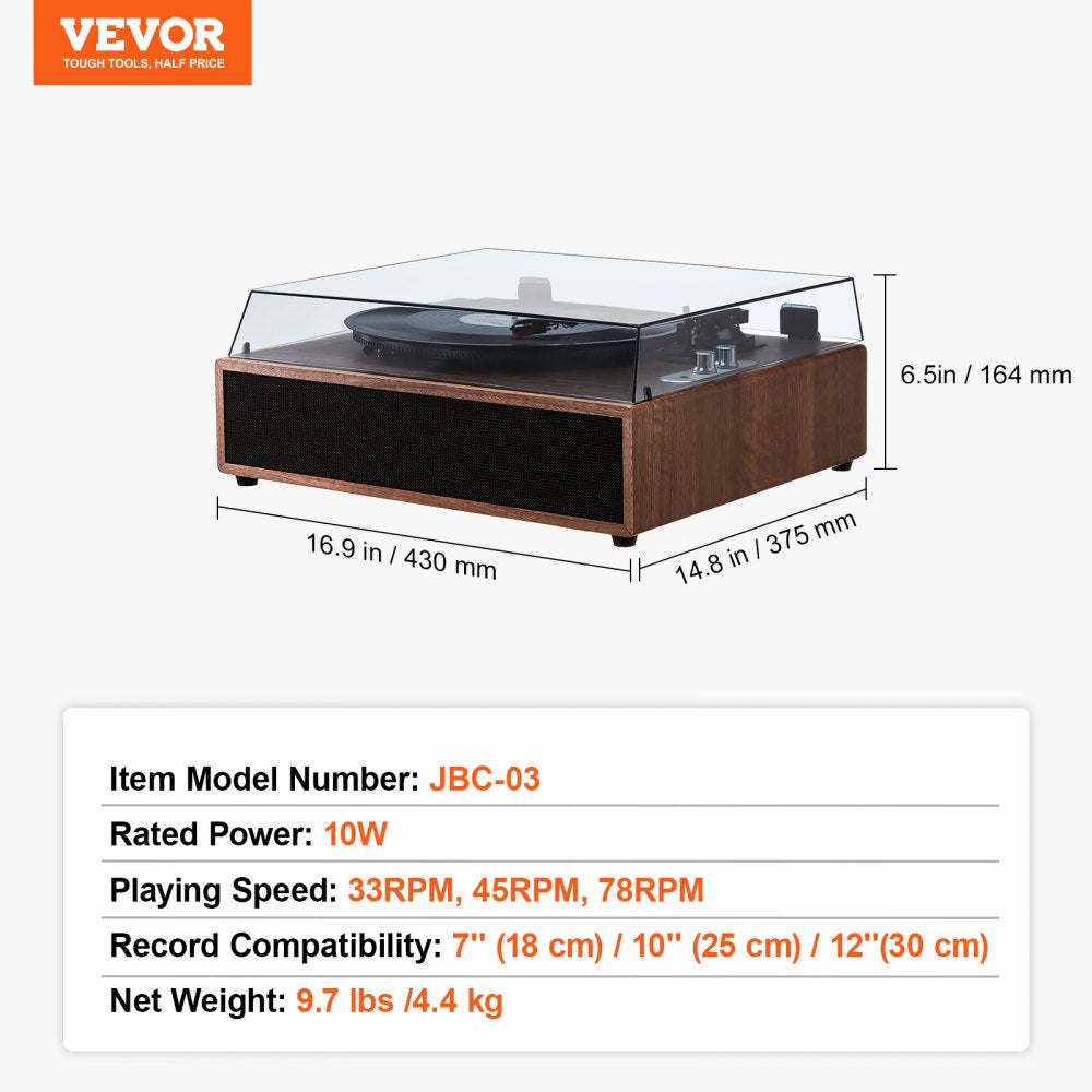 Vinyl Record Player, 3-Speed, Belt Driven Turntable Player with Built-in 10W Stereo Speakers Magnetic Cartridge, Support 33/45/78 RPM Bluetooth Aux in RCA Output, for 7/10 /12 in Vinyl Records