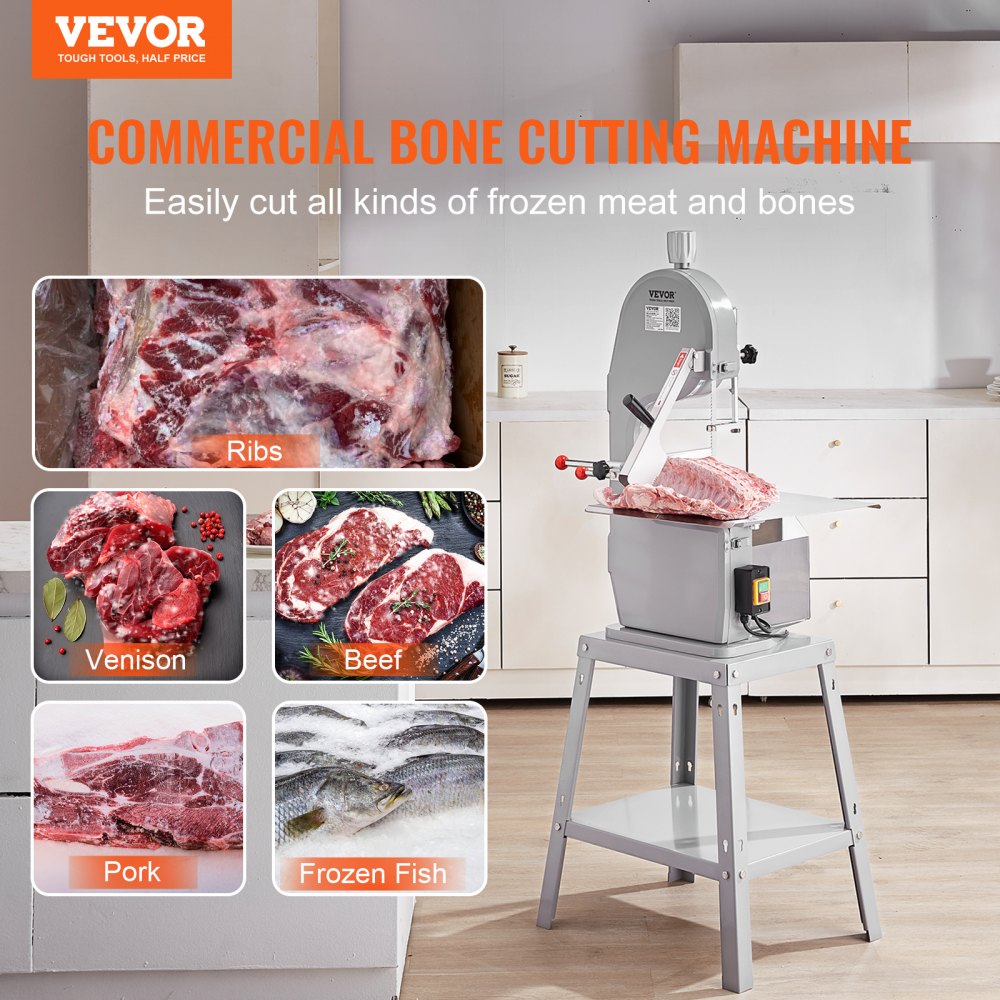 Commercial Electric Meat Bandsaw, 1500W Stainless Steel Vertical Bone Sawing Machine, Workbeach 19.3" x 15", 0.16-7.9 Inch Cutting Thickness, Frozen Meat Cutter with 6 Blades for Rib Pork Beef