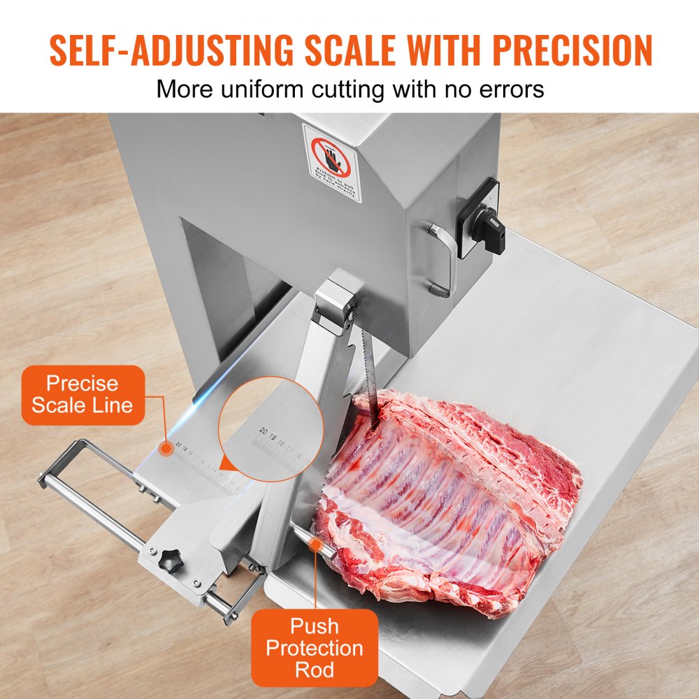 Commercial Electric Meat Bandsaw, 2200W Stainless Steel Vertical Bone Sawing Machine, Workbeach 24.4" x 20.5", 0.16-8.7 Inch Cutting Thickness, Frozen Meat Cutter with 6 Blades for Rib Pork Beef
