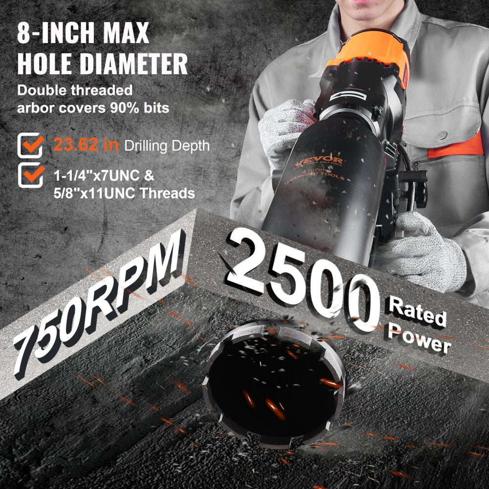 Bostome 8in wet/dry diamond core drill rig with stand, featuring a 2500W motor and secure clutch.