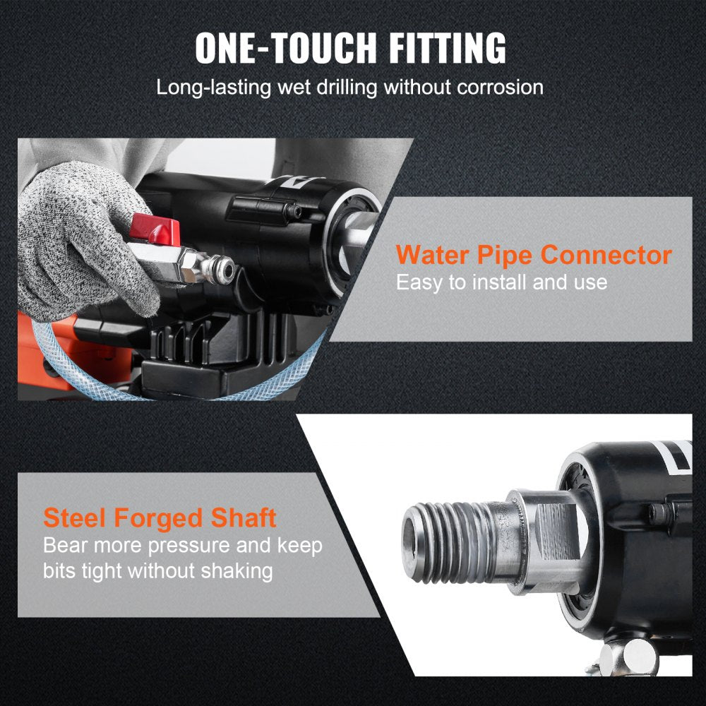 8-inch wet/dry diamond core drill rig with stand, 2500W motor, and robust steel construction.