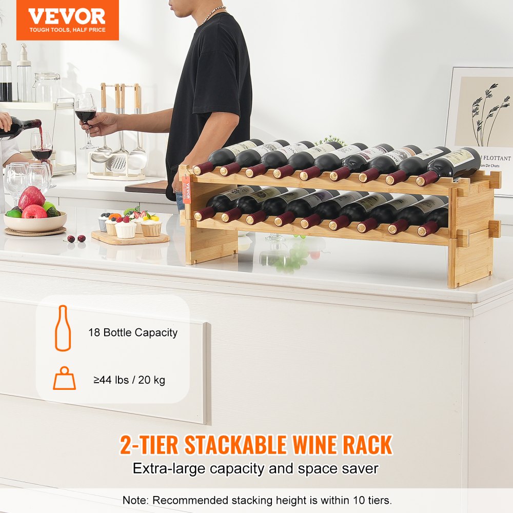 18 Bottle Stackable Modular Wine Rack Bamboo Wood Display Shelf 2-Tier