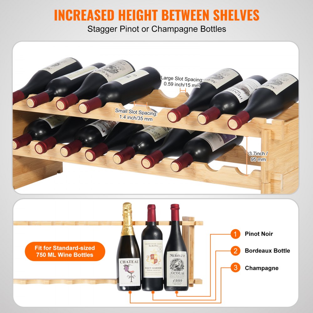 18 Bottle Stackable Modular Wine Rack Bamboo Wood Display Shelf 2-Tier