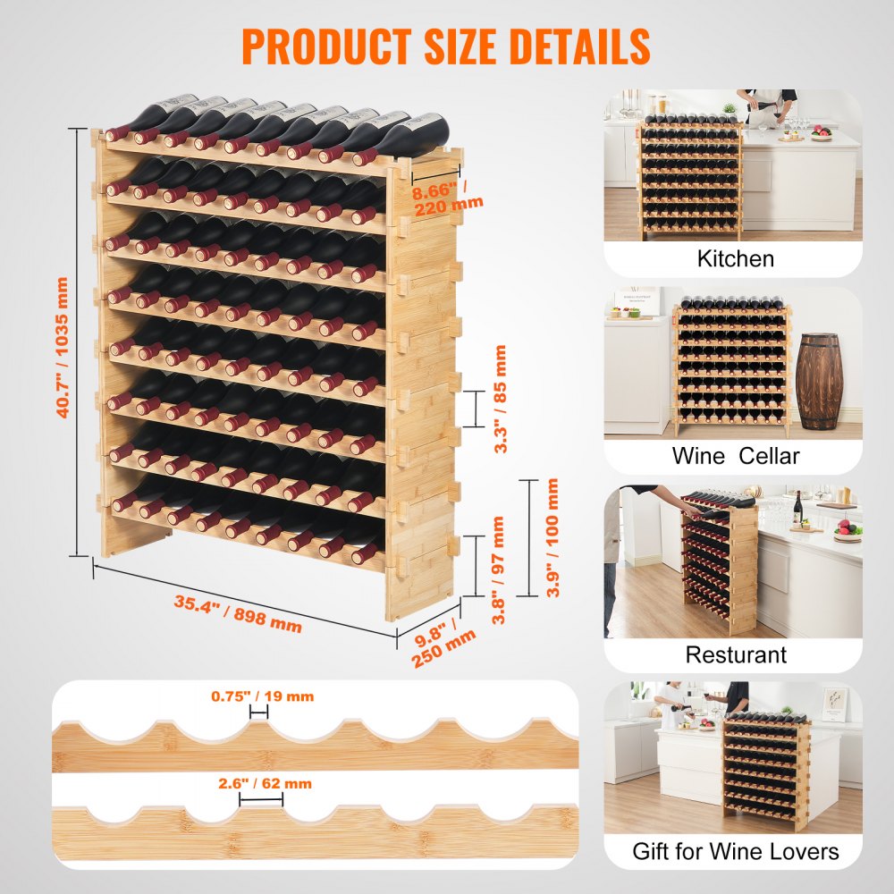 72 Bottle Upgrade Modular Wine Rack Bamboo Wood Display Shelf 8-Tier