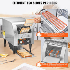 Commercial Conveyor Toaster, 150 Slices/Hour Conveyor Belt Toaster, Heavy Duty Stainless Steel Commercial Toaster Oven, Electric  Restaurant Commercial Toaster for Toast Bun, Bagel, Bread