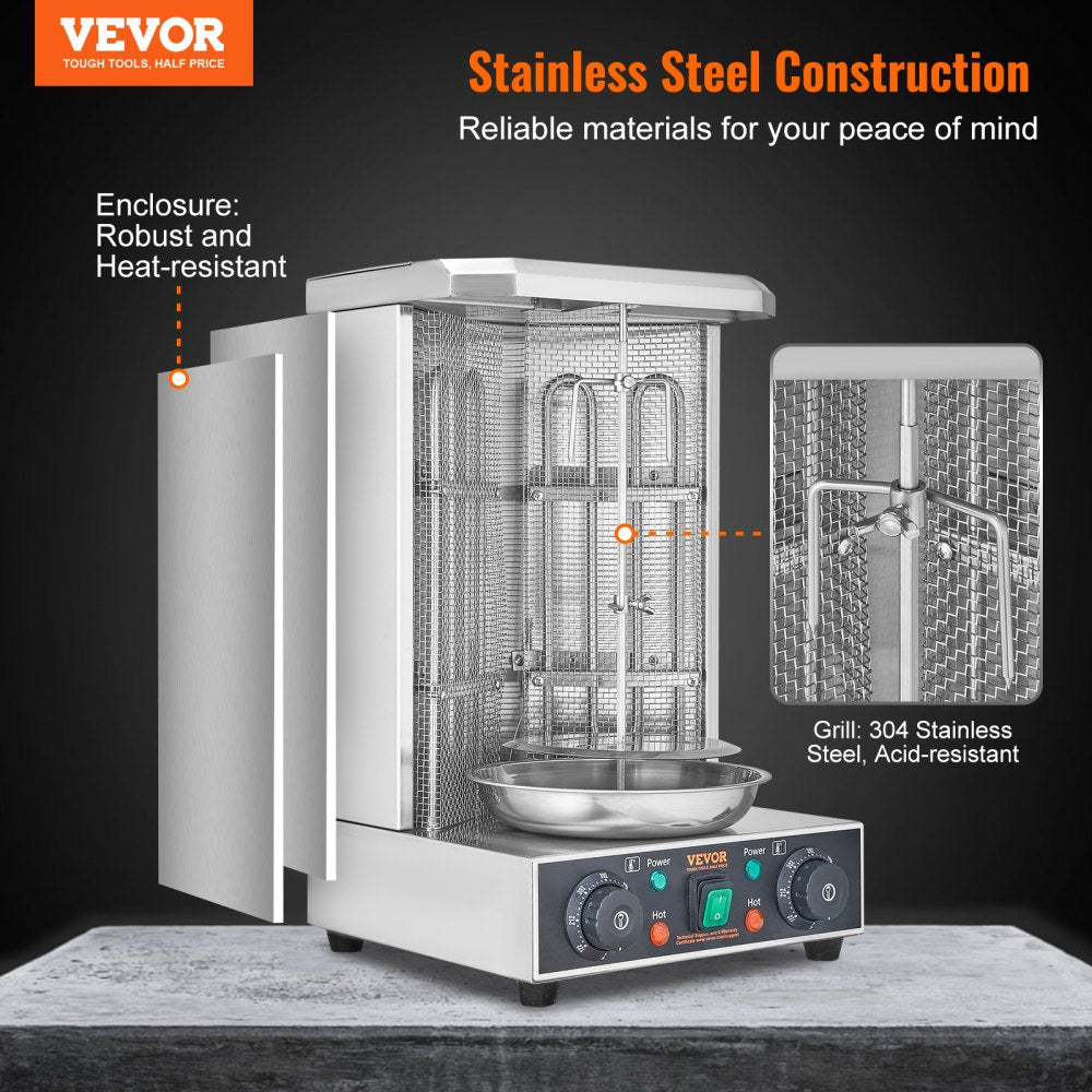 Shawarma Grill Machine, 13 lbs Capacity, Chicken Shawarma Cooker Machine with 2 Burners, Electric Vertical Broiler Gyro Rotisserie Oven Doner Kebab Machine, for Home Restaurant Kitchen Parties