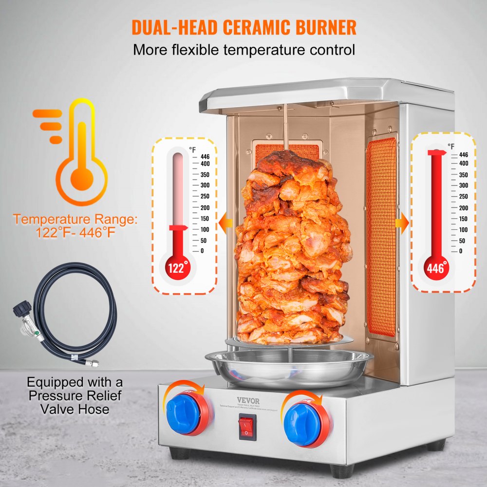 Shawarma Grill Machine, 13 lbs Capacity, Chicken Shawarma Cooker Machine with 2 Burners, Gas Vertical Broiler Gyro Rotisserie Oven Doner Kebab Machine, for Home Restaurant Kitchen Parties