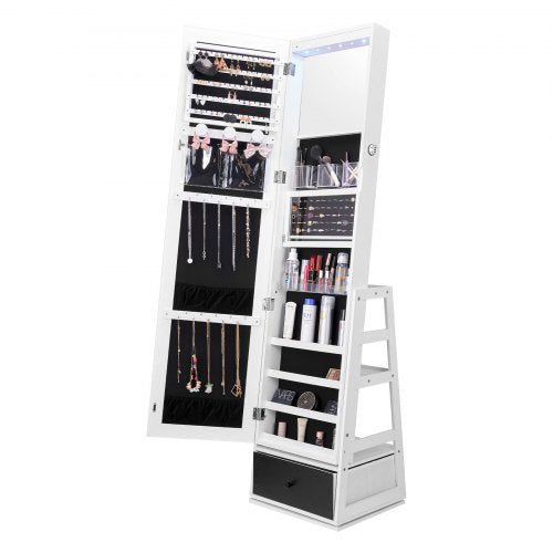 White 360° swivel mirror jewelry cabinet with open storage for necklaces, earrings, and cosmetics.