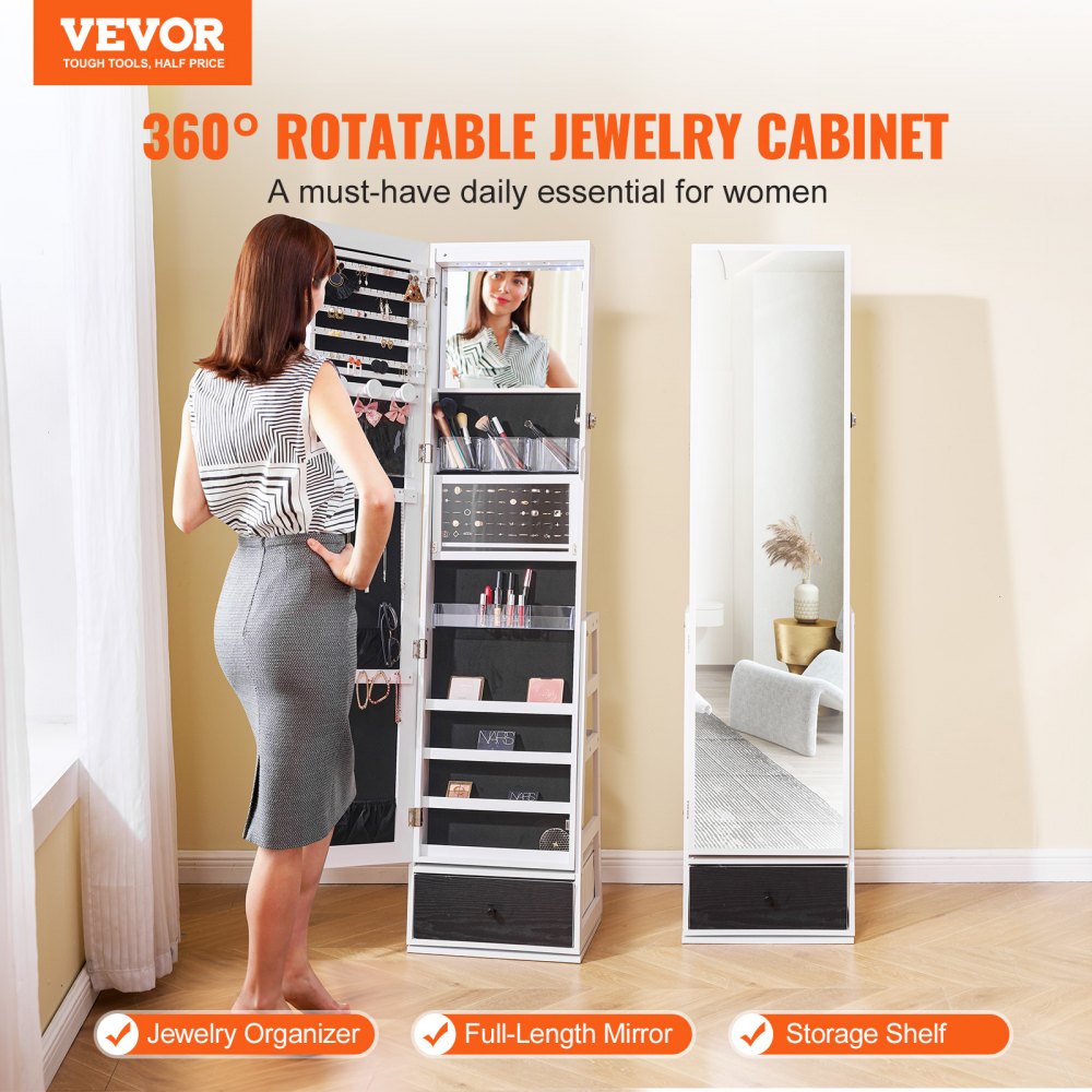 White 360-degree swivel jewelry cabinet with full-length mirror and storage shelves.