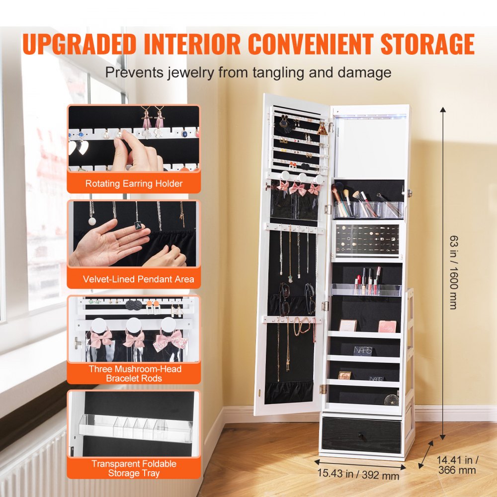 White 360° swivel mirror jewelry cabinet with rotating earring holders, velvet-lined pendant areas, mushroom-shaped bracelet rods, and transparent foldable storage tray.