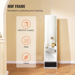 White 360-degree swivel full-length mirror jewelry cabinet with MDF frame, PVC coating, glass mirror, and velvet storage.